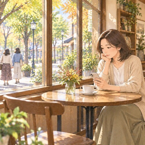 フレネミーとの付き合い方に悩み、カフェで静かに考える女性のイラスト