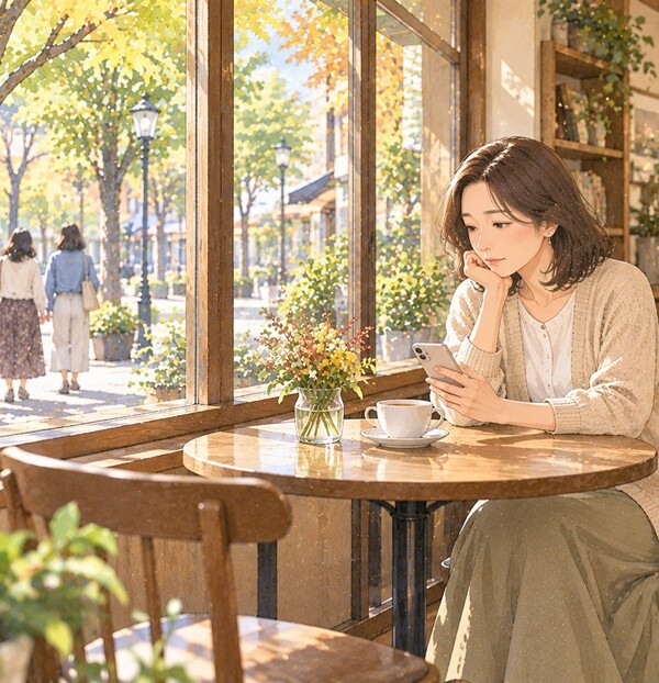 フレネミーとの付き合い方に悩み、カフェで静かに考える女性のイラスト