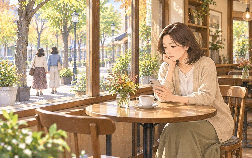 フレネミーとの付き合い方に悩み、カフェで静かに考える女性のイラスト