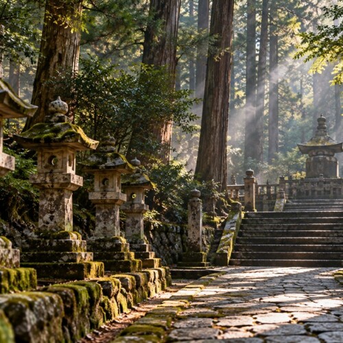 杉木立と石灯籠に囲まれた徳川家康の墓所をイメージした参道