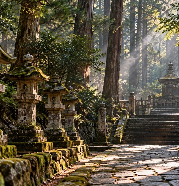 杉木立と石灯籠に囲まれた徳川家康の墓所をイメージした参道