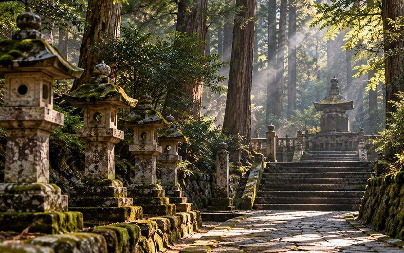杉木立と石灯籠に囲まれた徳川家康の墓所をイメージした参道