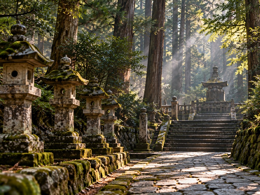 杉木立と石灯籠に囲まれた徳川家康の墓所をイメージした参道