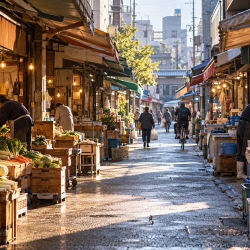 博多の昔ながらの商店街と朝の日常風景