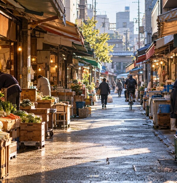 博多の昔ながらの商店街と朝の日常風景