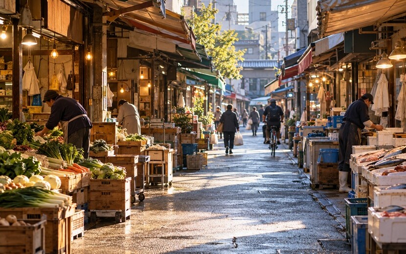 博多の昔ながらの商店街と朝の日常風景