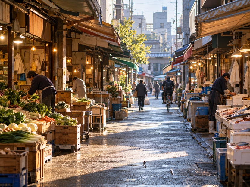 博多の昔ながらの商店街と朝の日常風景