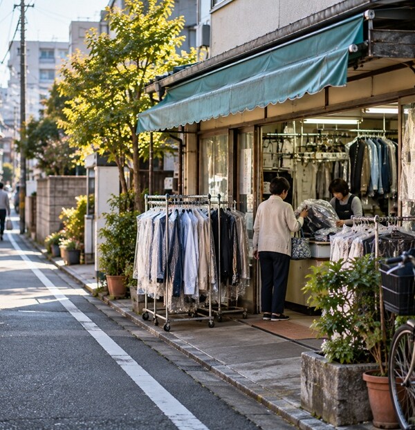 博多の住宅街にあるクリーニング店の日常風景