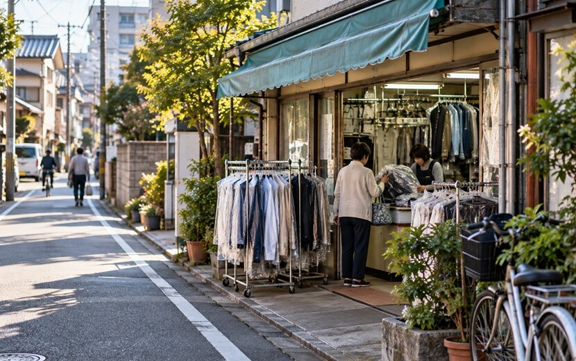 博多の住宅街にあるクリーニング店の日常風景