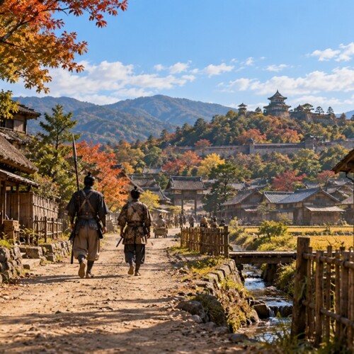 戦国時代の尾張の街道を歩く二人の若い武士をイメージした風景