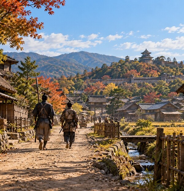 戦国時代の尾張の街道を歩く二人の若い武士をイメージした風景
