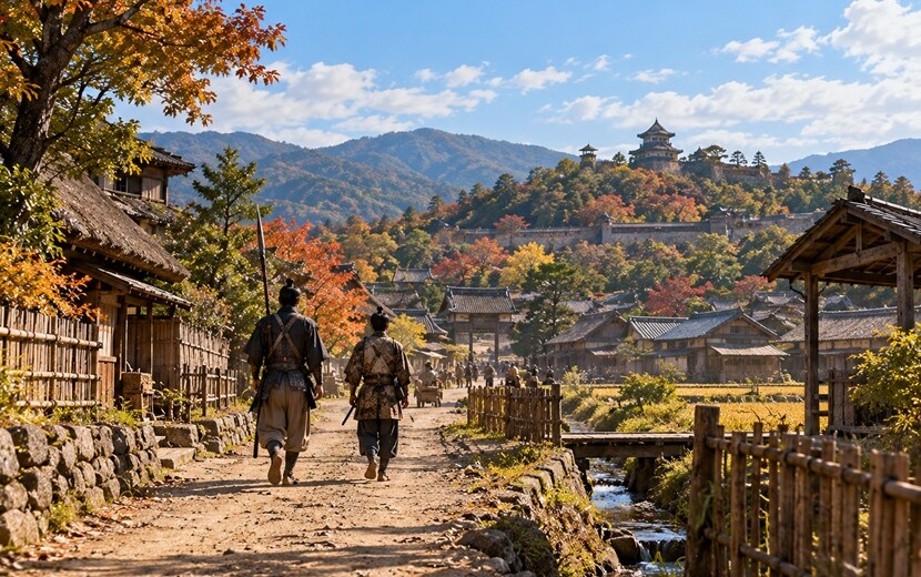 戦国時代の尾張の街道を歩く二人の若い武士をイメージした風景
