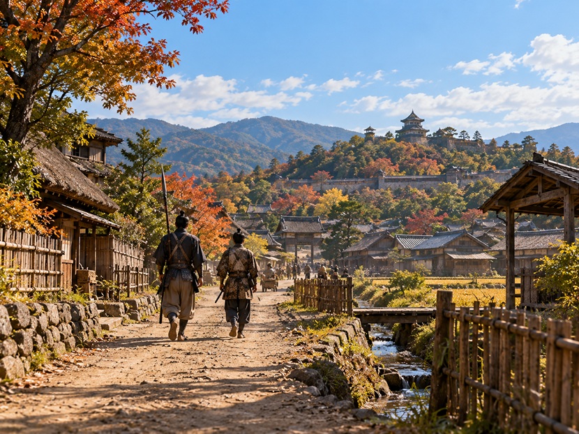 戦国時代の尾張の街道を歩く二人の若い武士をイメージした風景