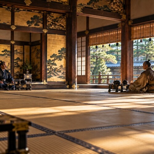戦国時代の城内で徳川家康と豊臣秀吉の外交関係をイメージした歴史風景