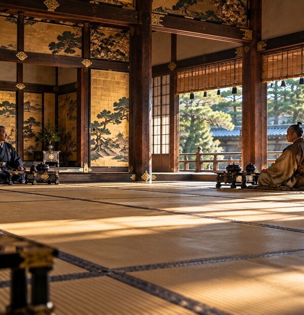 戦国時代の城内で徳川家康と豊臣秀吉の外交関係をイメージした歴史風景