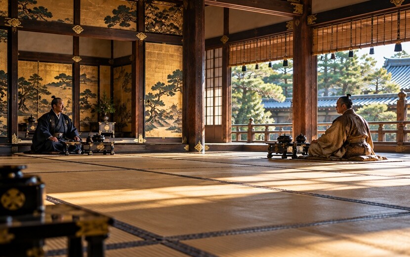 戦国時代の城内で徳川家康と豊臣秀吉の外交関係をイメージした歴史風景