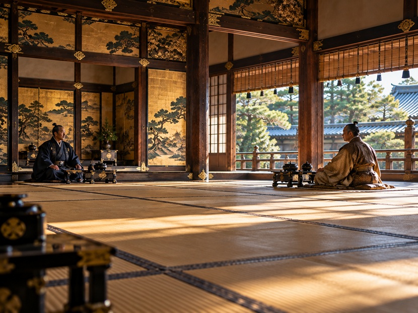 戦国時代の城内で徳川家康と豊臣秀吉の外交関係をイメージした歴史風景