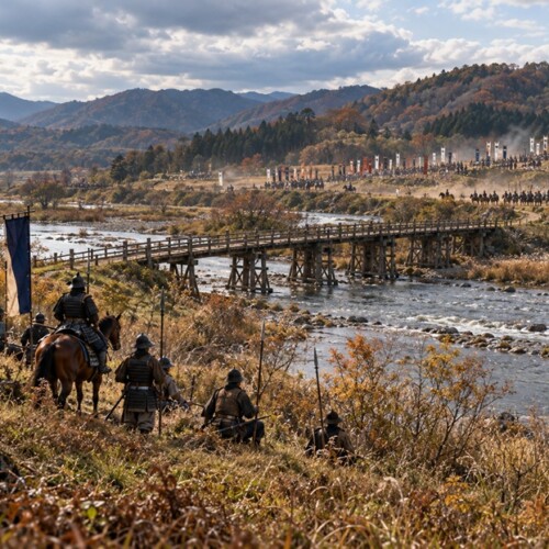 1585年の人取橋の戦いをイメージした安達太良川の橋と対峙する伊達軍・佐竹氏らの連合軍