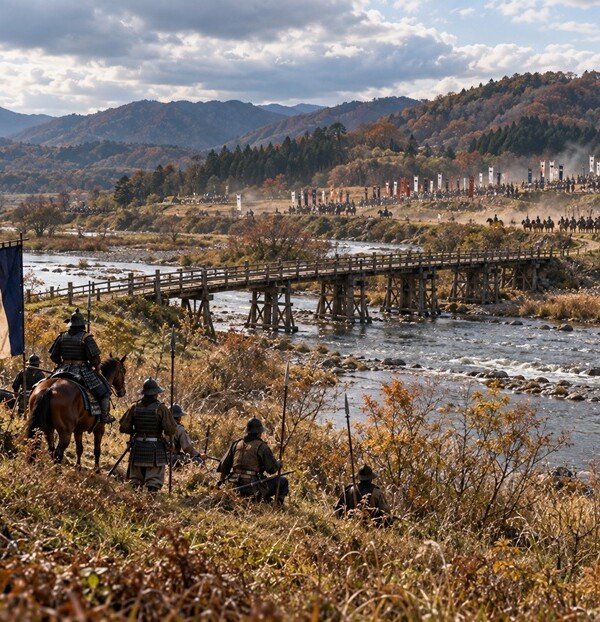 1585年の人取橋の戦いをイメージした安達太良川の橋と対峙する伊達軍・佐竹氏らの連合軍