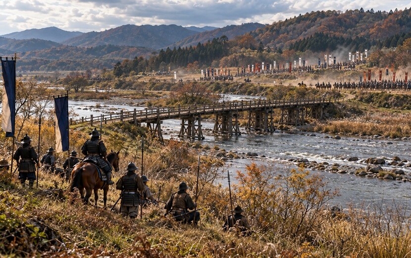 1585年の人取橋の戦いをイメージした安達太良川の橋と対峙する伊達軍・佐竹氏らの連合軍