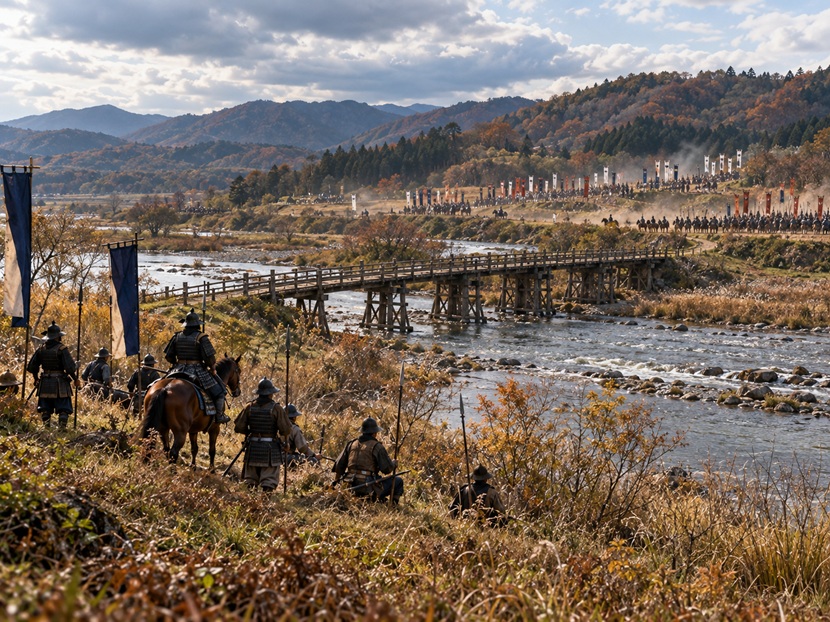 1585年の人取橋の戦いをイメージした安達太良川の橋と対峙する伊達軍・佐竹氏らの連合軍