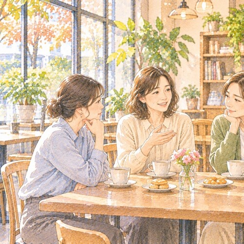 カフェで会話する3人の女性と友達関係に感じる小さな違和感を描いたイラスト