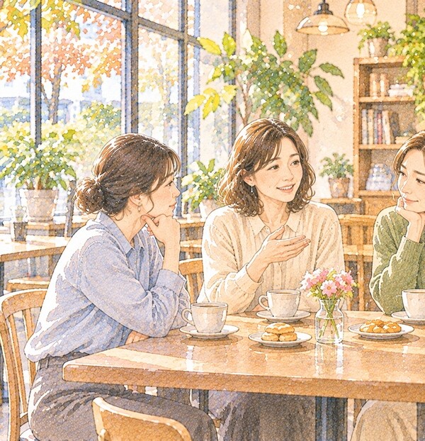 カフェで会話する3人の女性と友達関係に感じる小さな違和感を描いたイラスト