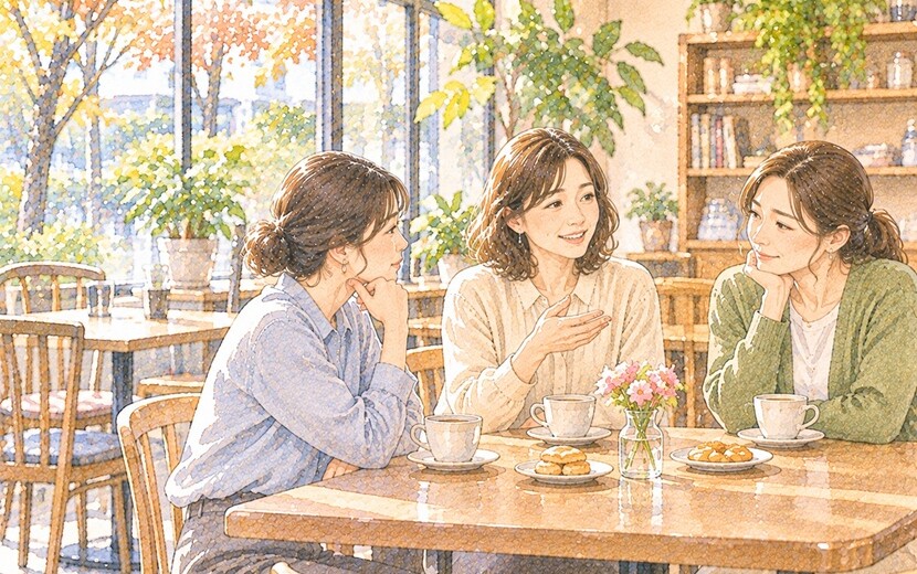 カフェで会話する3人の女性と友達関係に感じる小さな違和感を描いたイラスト