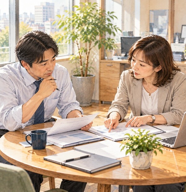 職場で細かな指摘を受けながら冷静に対応する男性社員と女性社員のイラスト