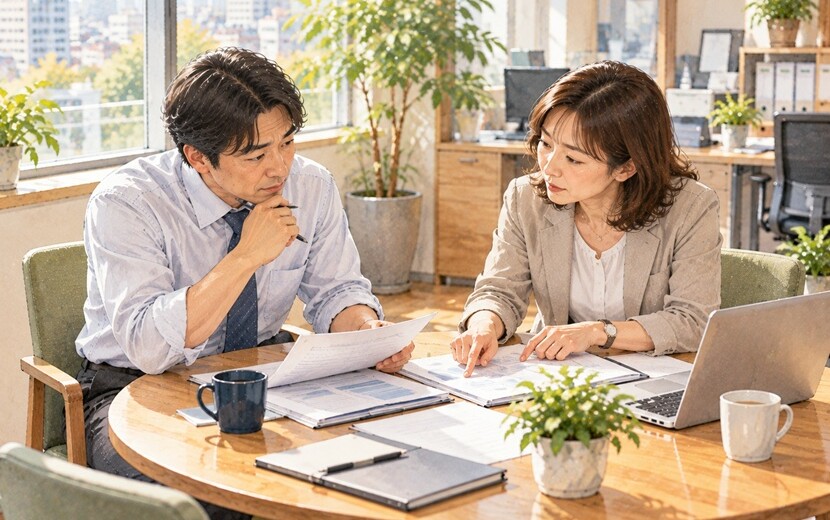 職場で細かな指摘を受けながら冷静に対応する男性社員と女性社員のイラスト