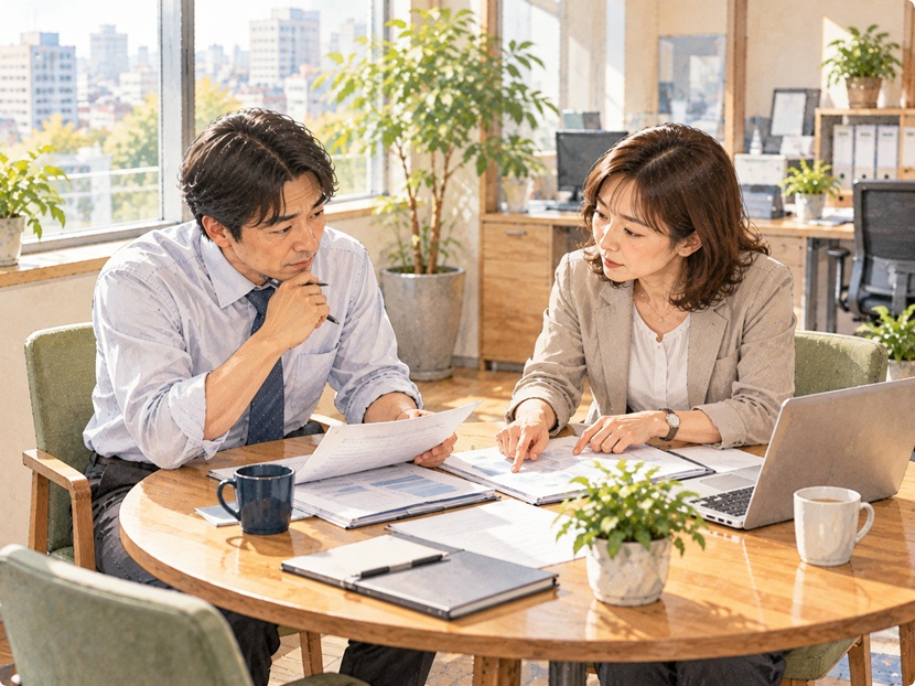 職場で細かな指摘を受けながら冷静に対応する男性社員と女性社員のイラスト