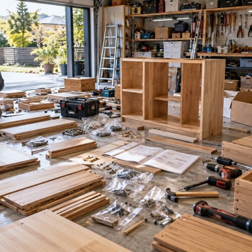 予想以上に多い部品と工具が広がるDIY作業中のガレージ