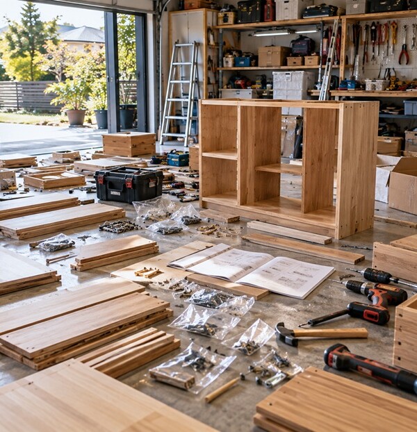 予想以上に多い部品と工具が広がるDIY作業中のガレージ