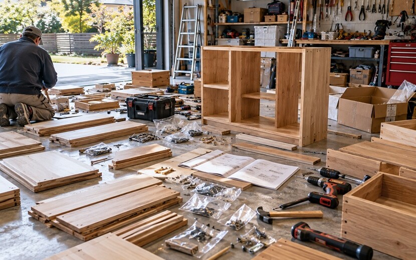 予想以上に多い部品と工具が広がるDIY作業中のガレージ