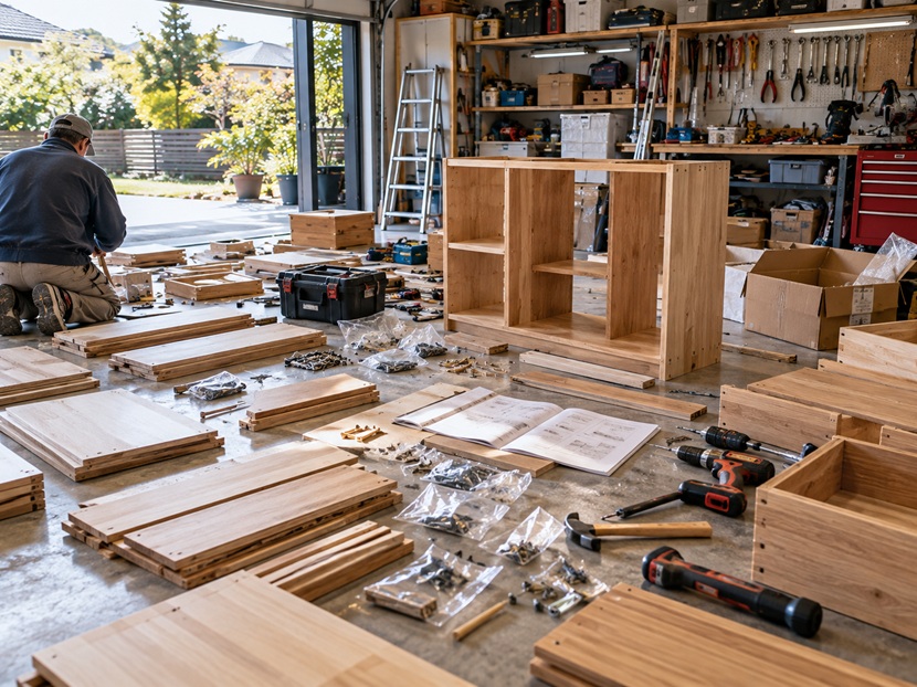 予想以上に多い部品と工具が広がるDIY作業中のガレージ