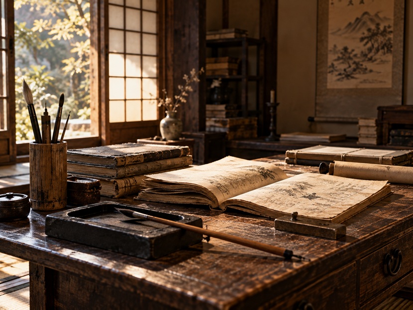 徳川家康の名言や遺訓をイメージした和室の古書と筆記道具