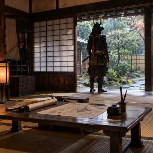 関ヶ原の戦いを前に書状と地図が置かれた陣屋で思案する戦国武将
