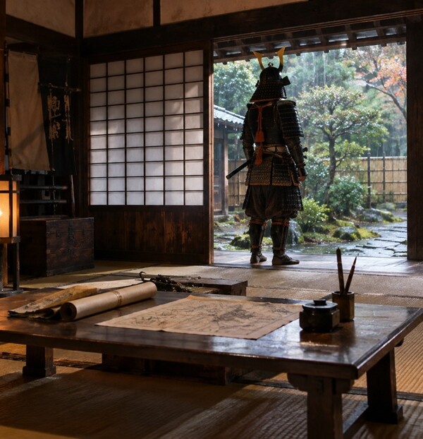 関ヶ原の戦いを前に書状と地図が置かれた陣屋で思案する戦国武将