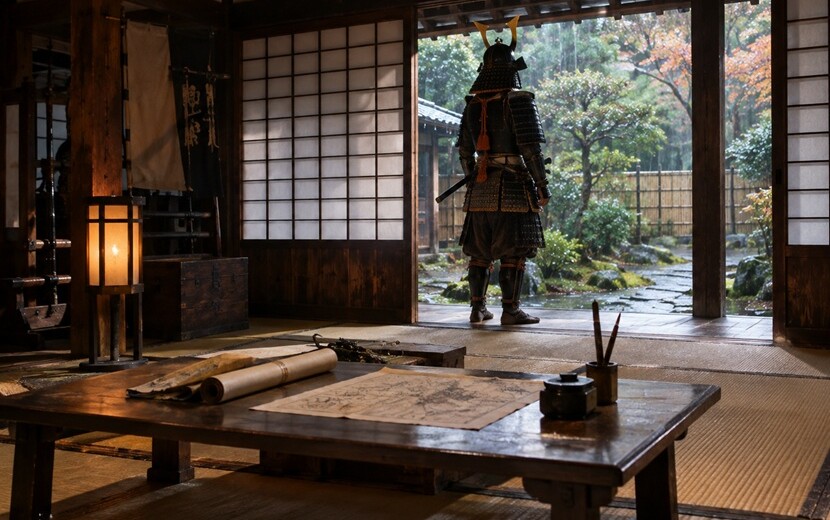 関ヶ原の戦いを前に書状と地図が置かれた陣屋で思案する戦国武将