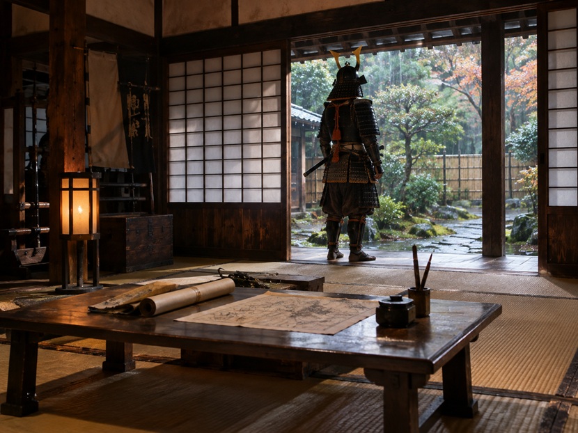 関ヶ原の戦いを前に書状と地図が置かれた陣屋で思案する戦国武将