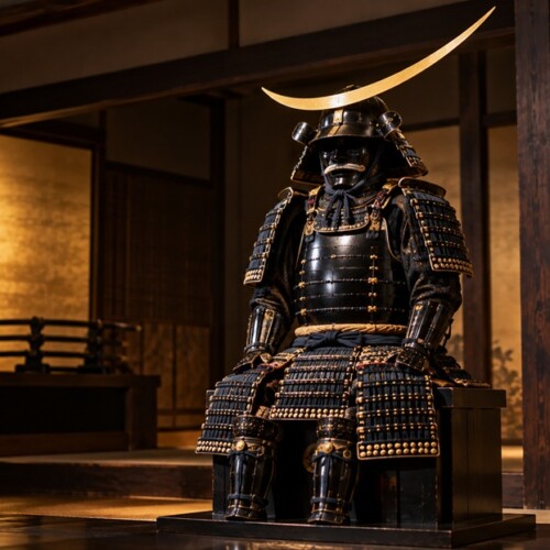 伊達政宗の三日月の兜と黒漆五枚胴具足をイメージした甲冑の展示風景