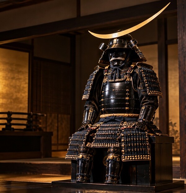 伊達政宗の三日月の兜と黒漆五枚胴具足をイメージした甲冑の展示風景