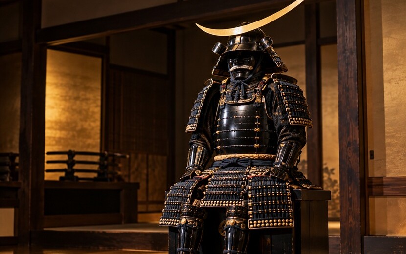 伊達政宗の三日月の兜と黒漆五枚胴具足をイメージした甲冑の展示風景