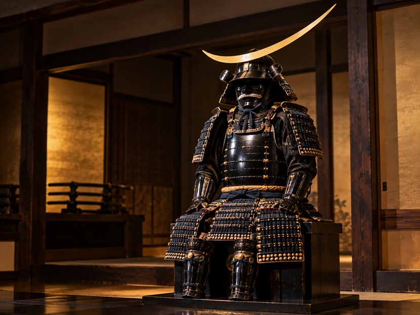 伊達政宗の三日月の兜と黒漆五枚胴具足をイメージした甲冑の展示風景
