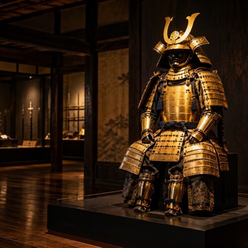 徳川家康ゆかりの金色の甲冑をイメージした歴史資料館の展示