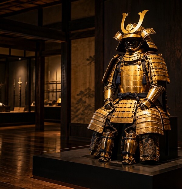 徳川家康ゆかりの金色の甲冑をイメージした歴史資料館の展示
