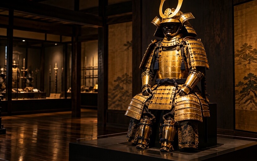徳川家康ゆかりの金色の甲冑をイメージした歴史資料館の展示