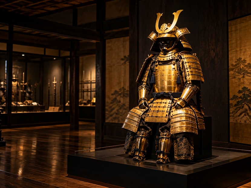 徳川家康ゆかりの金色の甲冑をイメージした歴史資料館の展示