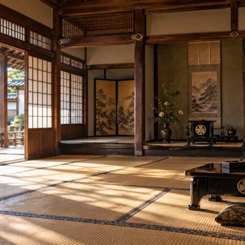徳川家の三つ葉葵の家紋をあしらった調度品が置かれた江戸時代の武家屋敷