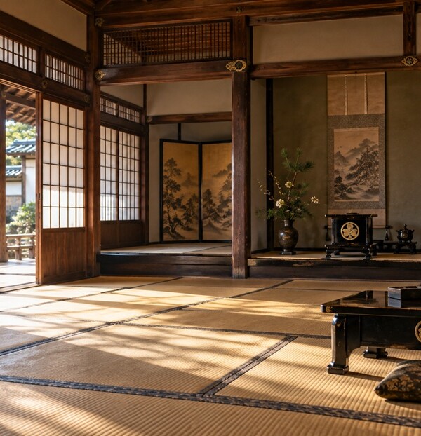 徳川家の三つ葉葵の家紋をあしらった調度品が置かれた江戸時代の武家屋敷